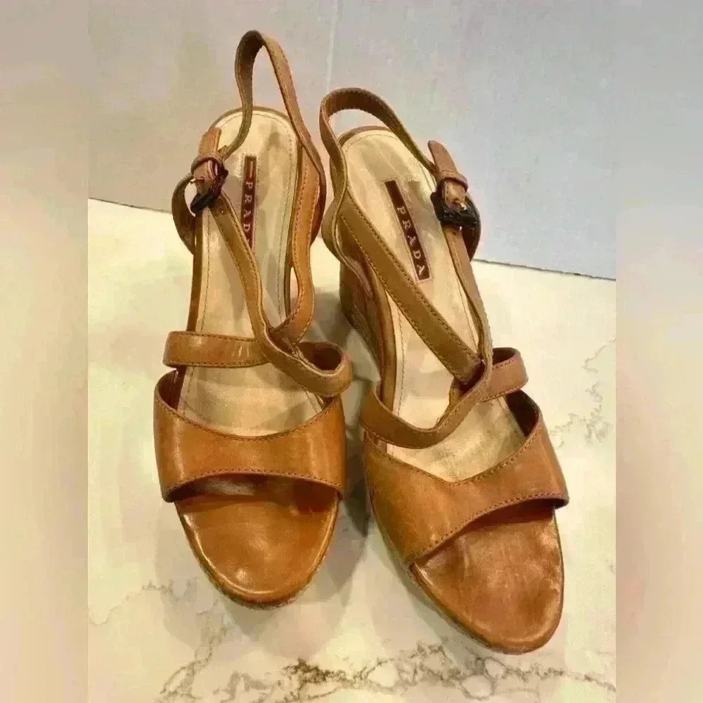 Prada Cork Wedge Strappy Tan Leather Sandals (Sz 37.5) - Picture 12 of 16